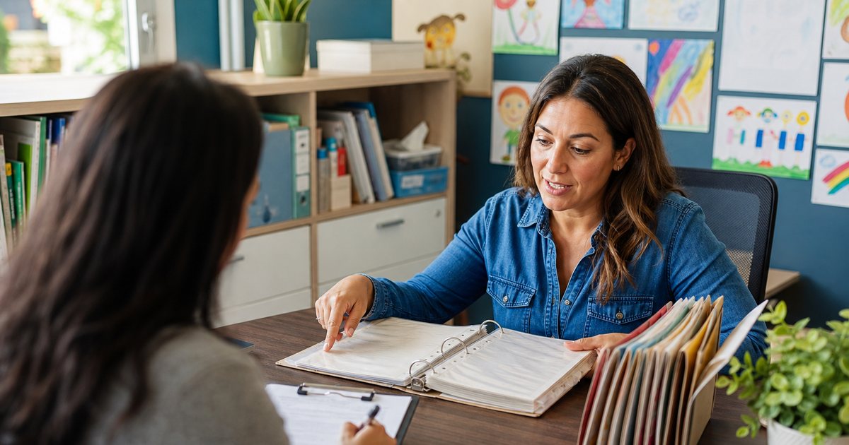 Daycare director at a desk showing a labeled binder and file folders to a visitor holding a clipboard in a bright office, children's artwork on the wall