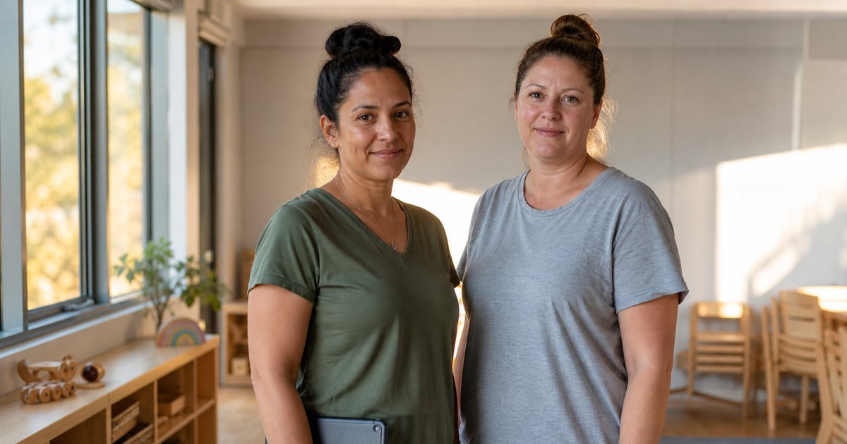 Two childcare teachers standing in a bright empty toddler classroom at the end of the day, one holding a tablet face down against her hip, low wooden shelves of woven toy baskets and small stacked chairs behind them, warm late afternoon light through tall windows