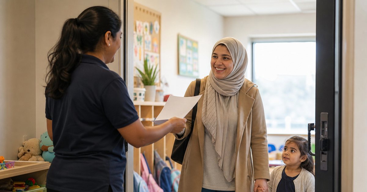 Daycare teacher handing a printed sheet to a smiling mother wearing a headscarf at a classroom door, child holding the mother's hand, cubbies with backpacks behind them