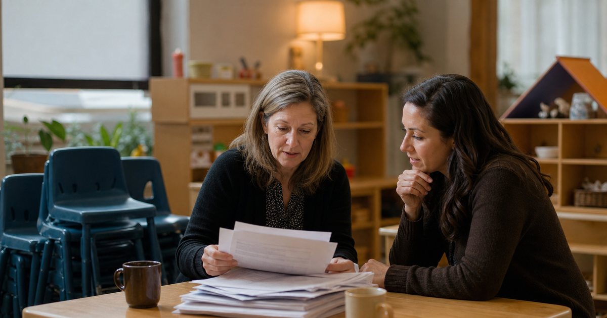 Daycare director and a teacher sitting together at a low classroom table after hours reviewing a stack of paper sheets, coffee mugs, small chairs stacked, warm evening light