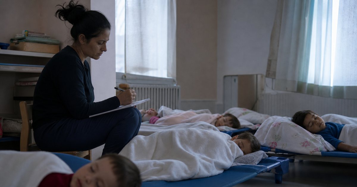 Quiet daycare nap room with toddlers sleeping on low cots under soft blankets, a teacher sitting on a small chair writing in a notebook, dim natural light through curtains