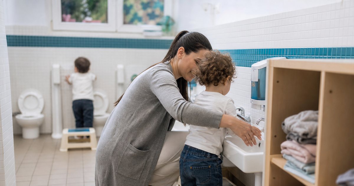 Toddler bathroom in a daycare with small child-height toilets and step stools, a teacher crouching to help a toddler wash hands at a low sink, bright tiles, extra clothes folded on a shelf